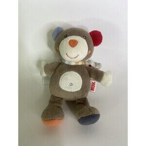 Nuk Bear Teddy Brown Cream Red Blue Ears Scarf Rattle Plush Stuffed Baby Toy